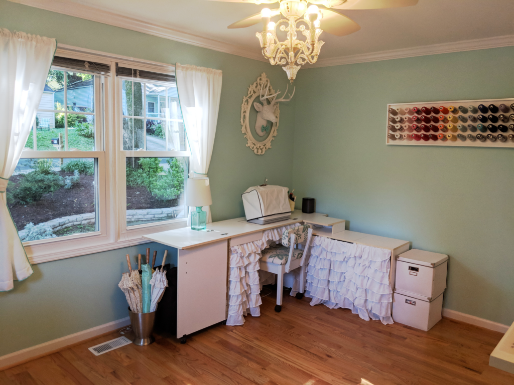 Mint green sewing room desk
